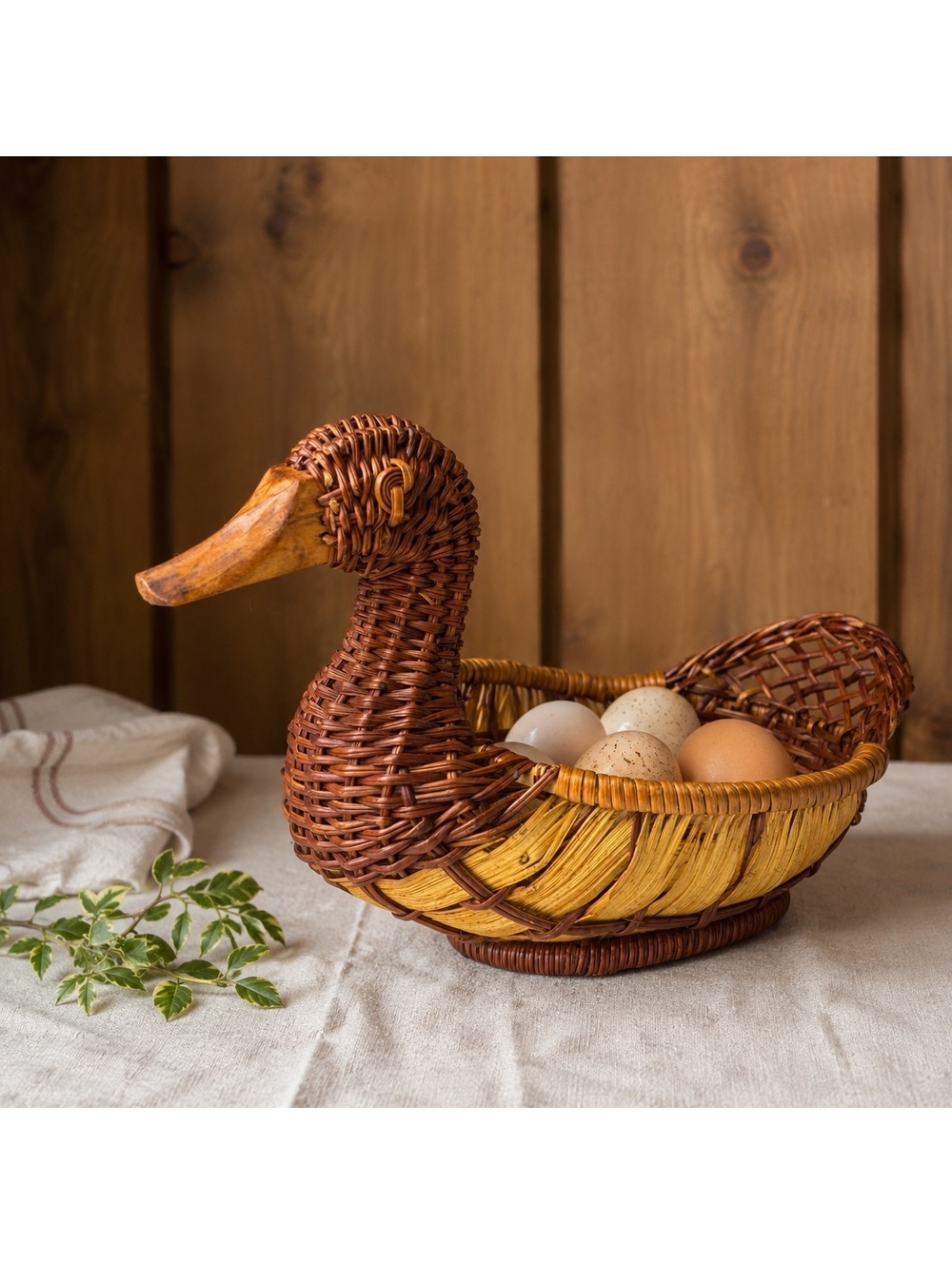 Vintage Wicker Duck Basket Woven Rattan Goose Decorative Storage Basket